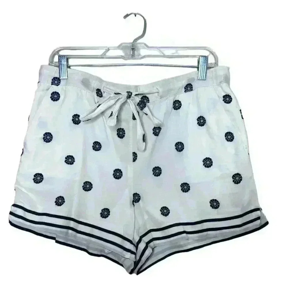 Ann Taylor Loft White Floral 100% Cotton Shorts Size Medium Navy Blue